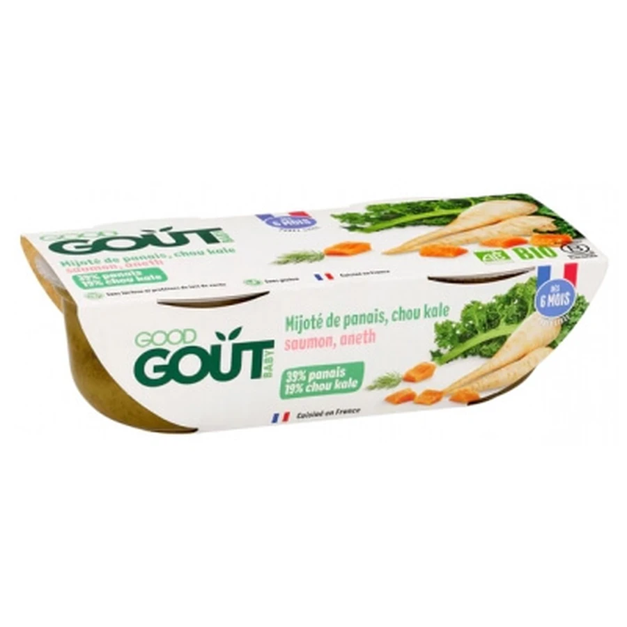 Comida para bebés de 6 meses Good Goût Organic: chirivías y col rizada cocidas a fuego lento con salmón, 2 tarros