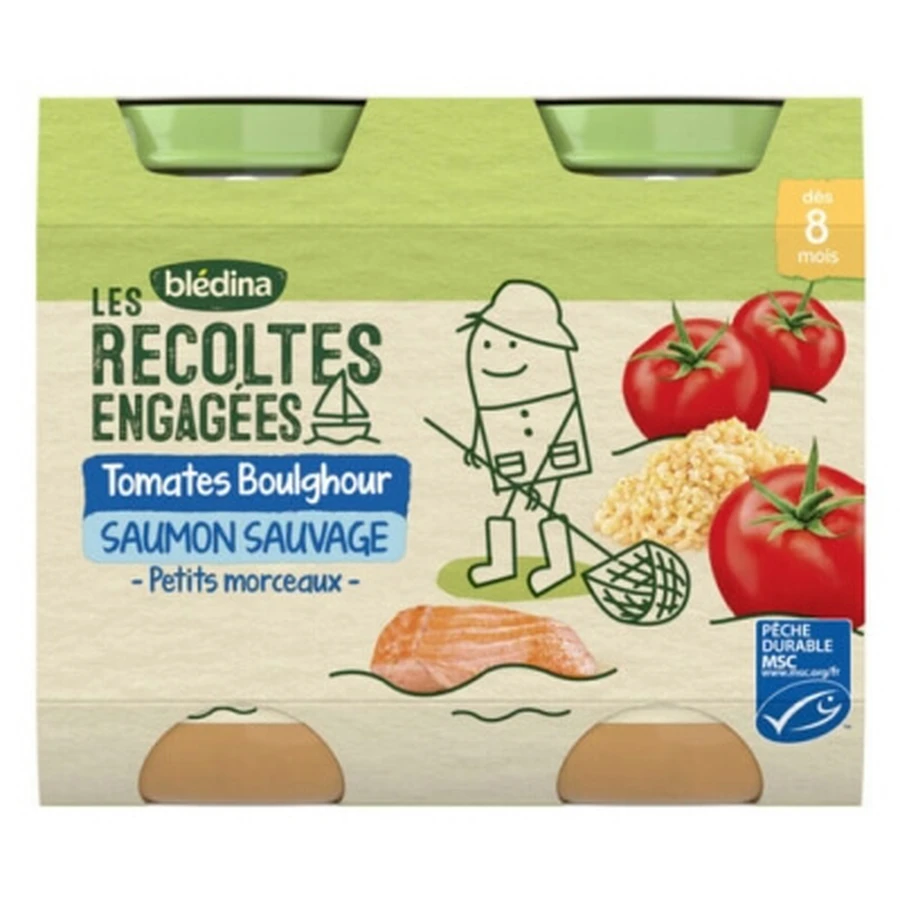 Blédina Les Récoltes Bio: cherrytomaatjes, bulgur en wilde zalm — voor baby’s vanaf 8 maanden — 2 potjes