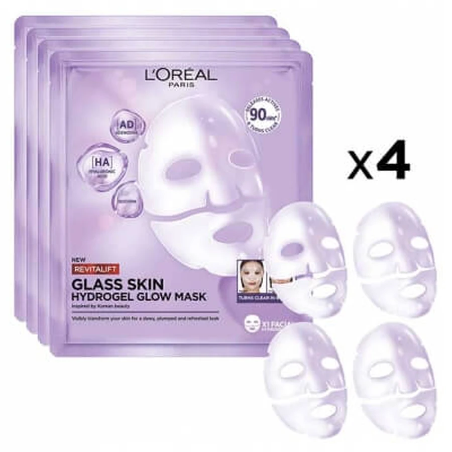 L'Oréal Paris Revitalift Filler Glass Skin Radiance Hydrogel-masker, 4 maskers
