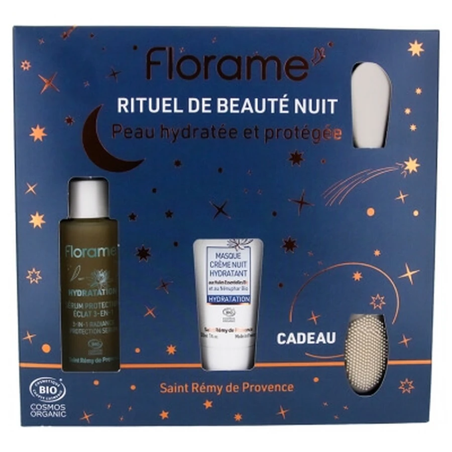 Florame 3-in-1 Organic Hydrating Radiance Serum 30 ml + Organic Hydrating Night Cream Mask 30 ml + Free Exfoliating Spatula