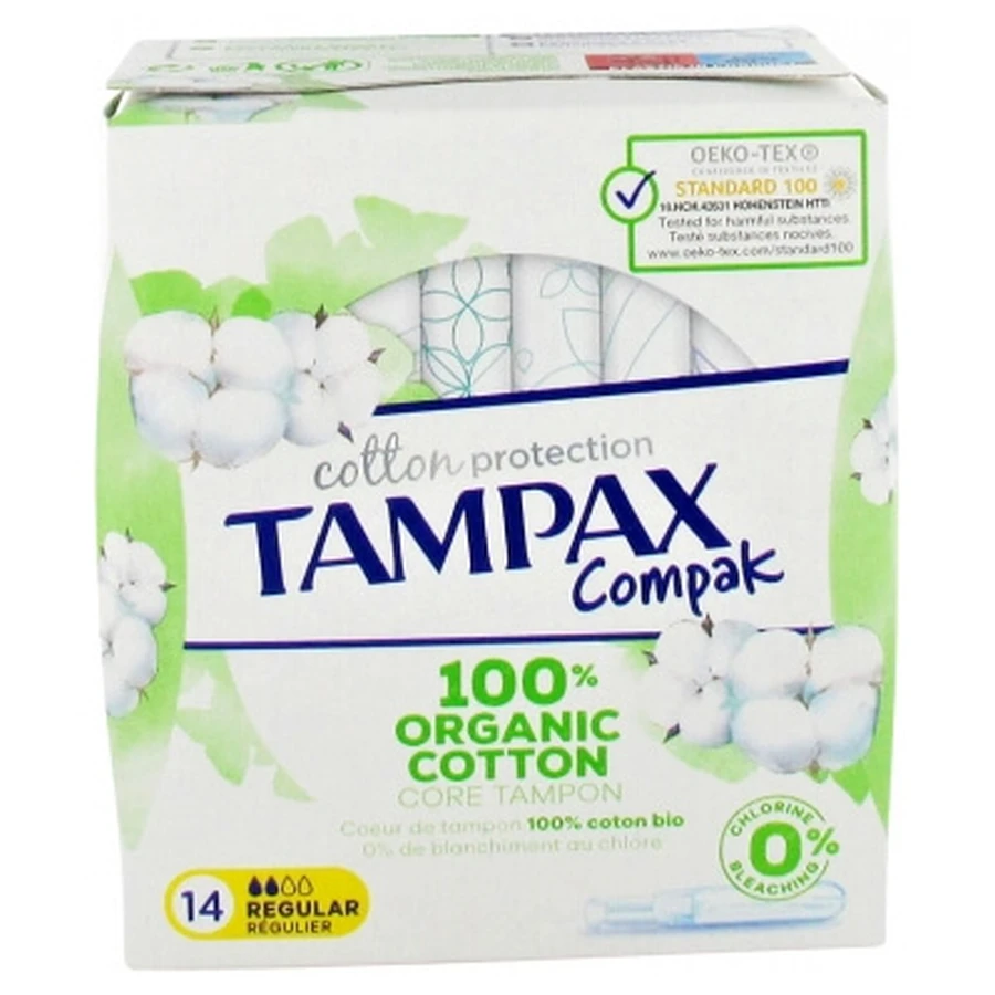 Tampax Compak Cotton Regular, 100 % algodón orgánico, 14 tampones