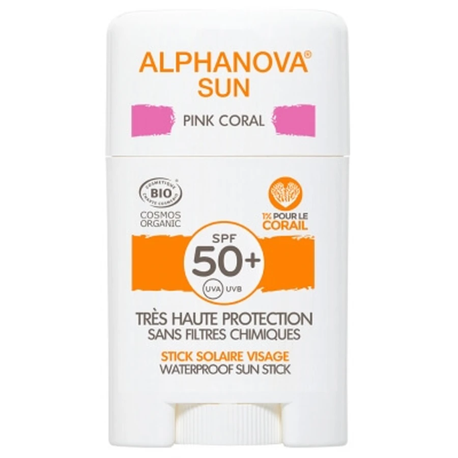 Alphanova Zonnestick voor het gezicht, Roze koraal, SPF 50+, biologisch, 12 g