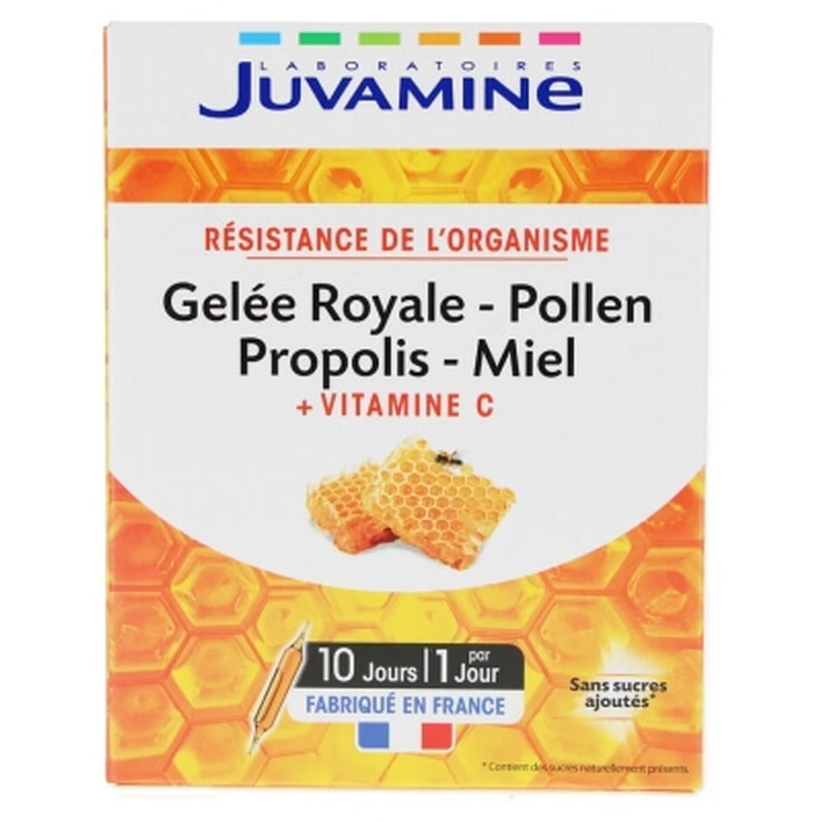 Juvamine: jalea real, polen, propóleo, miel y vitamina C, 10 ampollas