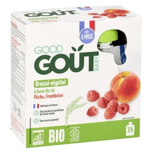 Puré de verduras a base de arroz Good Goût con melocotón y frambuesa, para bebés a partir de los 6 meses, ecológico, 4 sobres de 85 g