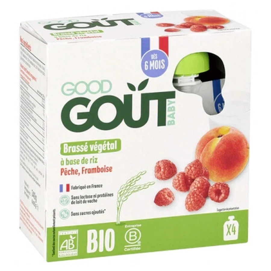 Puré de verduras a base de arroz Good Goût con melocotón y frambuesa, para bebés a partir de los 6 meses, ecológico, 4 sobres de 85 g