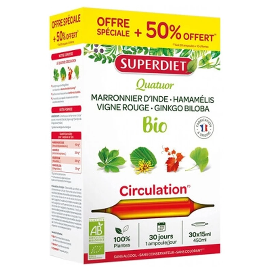 Cuarteto de uvas rojas ecológicas para la circulación de Superdiet, 20 ampollas + 10 ampollas gratis