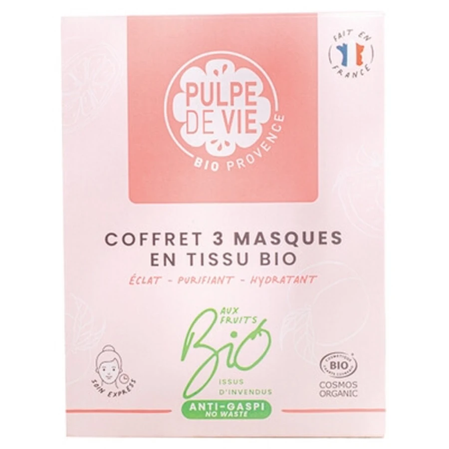 Pulpe de Vie Geschenkset: 3 Bio-Gesichtsmasken – reinigend, aufhellend und feuchtigkeitsspendend – 3 Masken