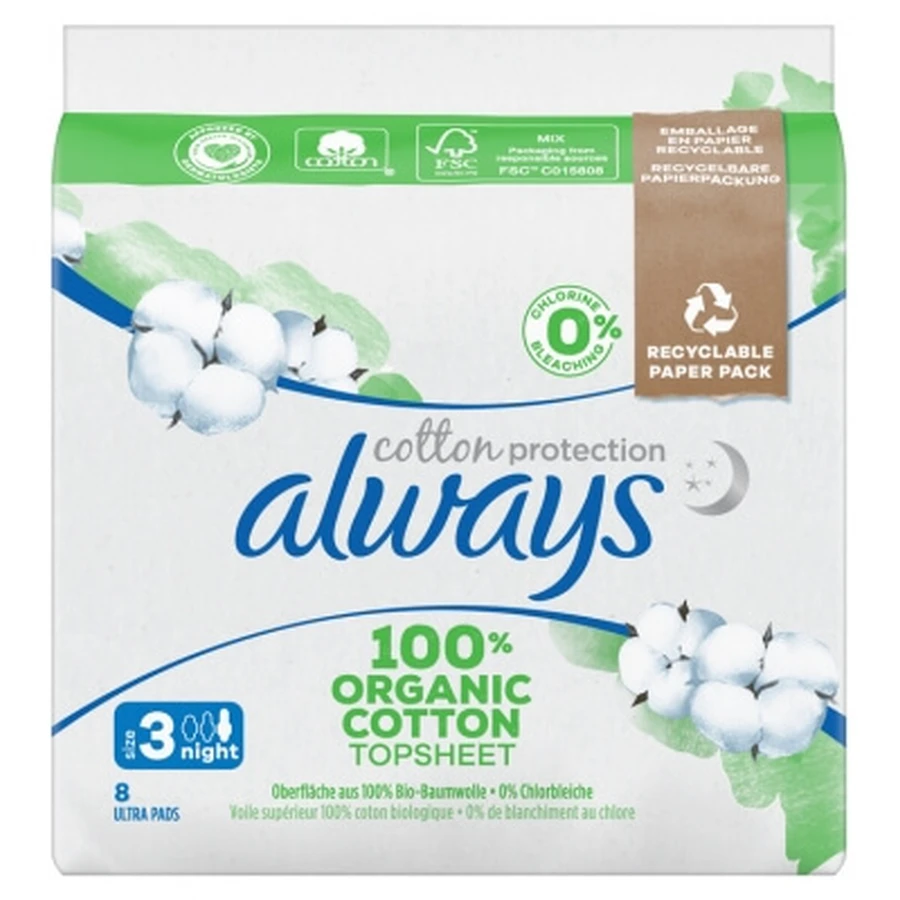Always Cotton Protection 8 compresas higiénicas, talla 3, para la noche