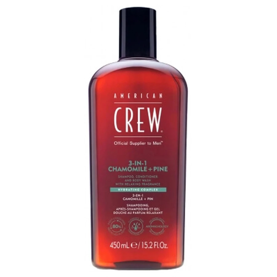 American Crew 3-in-1-Shampoo, Spülung und Duschgel mit Kamille und Kiefer (450 ml), belebend, feuchtigkeitsspendend und beruhigend