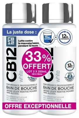 CB12 White 12-Hour Mouthwash, 2-Pack (250 ml each)