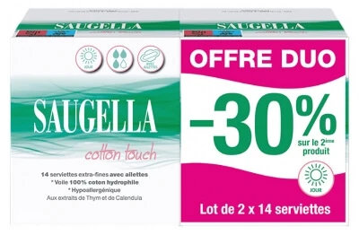 Saugella Cotton Touch Day Pack of 2 x 14 Extra-Thin Pads with Wings