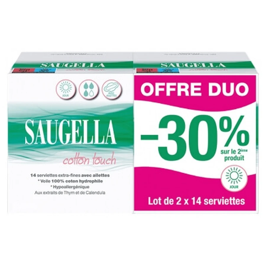 Saugella Cotton Touch Day Pack of 2 x 14 Extra-Thin Pads with Wings