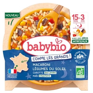 Babybio „Good Night“ Makkaroni mit sonnengereiftem Gemüse: Möhren und Mais, für Kinder im Alter von 15 Monaten bis 3 Jahren, Bio, 200 g