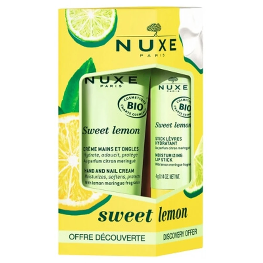 Nuxe Sweet Lemon biologische hand- en nagelcrème 30 ml + biologische hydraterende lippenbalsem 4 g