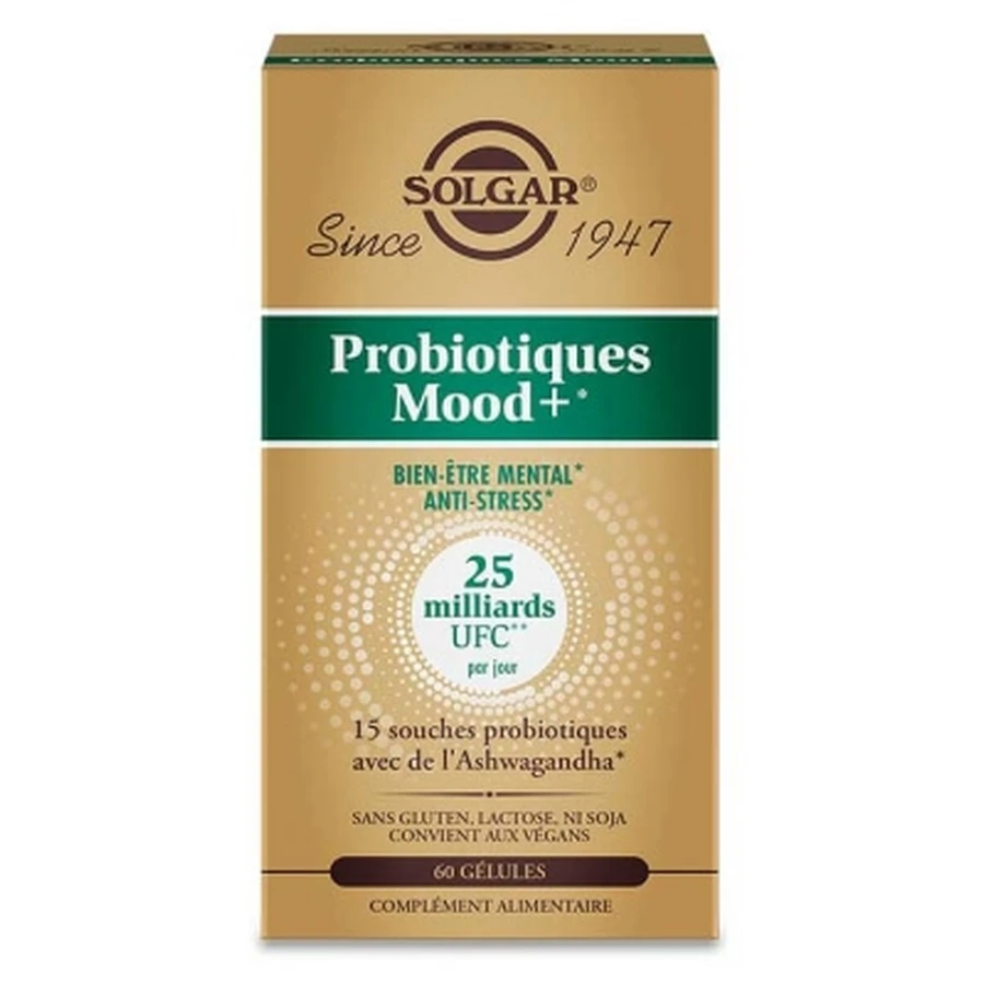 Solgar Mood+ Probióticos para el bienestar mental y el alivio del estrés, 60 cápsulas