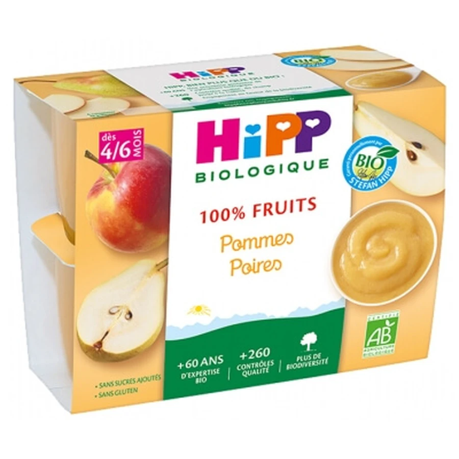 HiPP 100% Fruit: Apples and Pears, for 4–6 Months and Up, Organic, 4 Jars