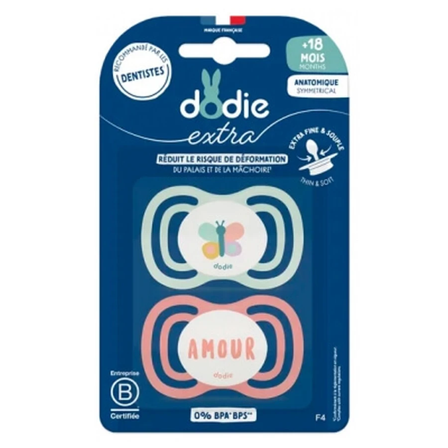 Dodie Extra: 2 symmetrische, anatomisch geformte Schnuller + 18 Monate
