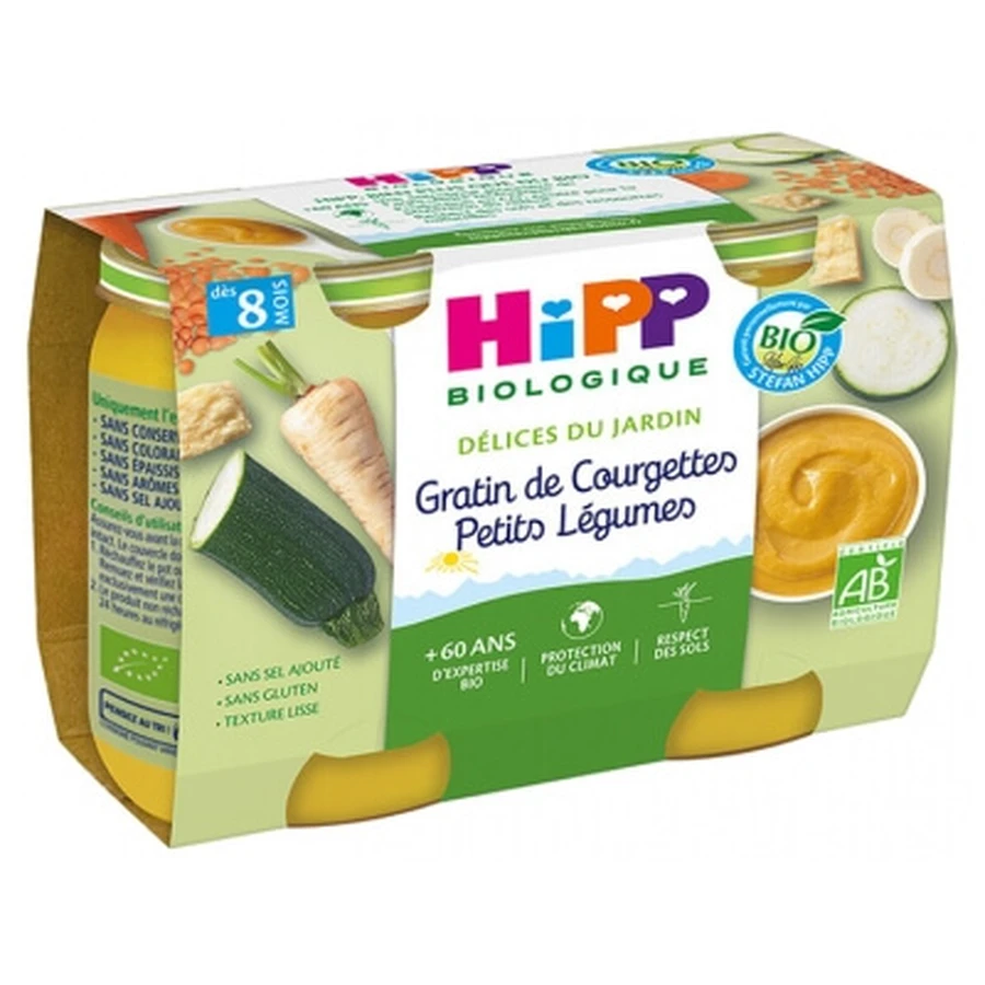 HiPP Garden Delights Courgettegratin met gemengde groenten, voor baby’s vanaf 8 maanden, biologisch, 2 potjes