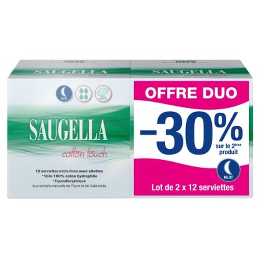 Saugella Cotton Touch Nighttime: paquete de 2 x 12 compresas extrafinas con alas
