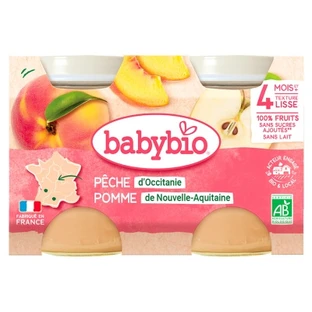 Babybio Melocotón y manzana, a partir de los 4 meses, ecológico, 2 tarros de 130 g