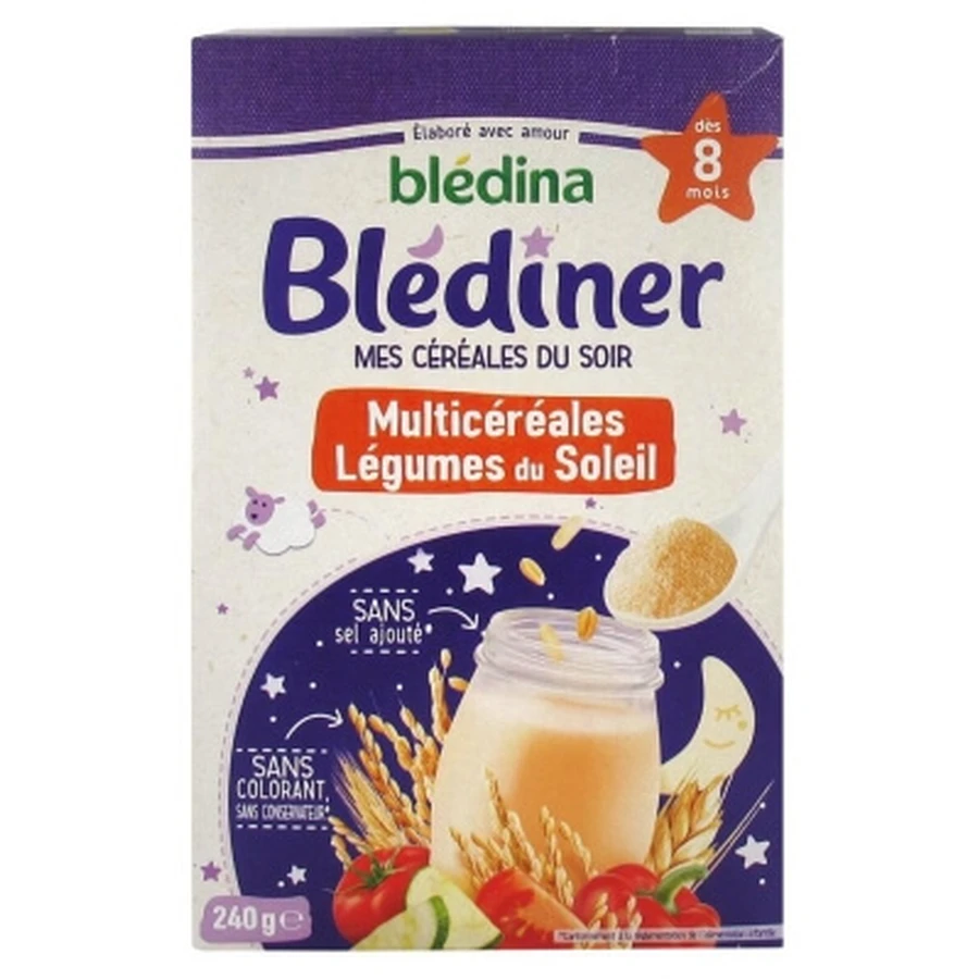 Blédina Blédîner Mis cereales para la cena: Multicereales con verduras maduradas al sol, a partir de los 2 meses, 240 g
