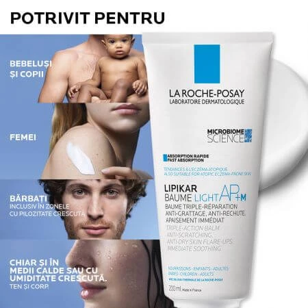 La Roche-Posay Lipikar Baume Light AP+M drievoudig werkende balsem tegen droge huidplekken, 200 ml