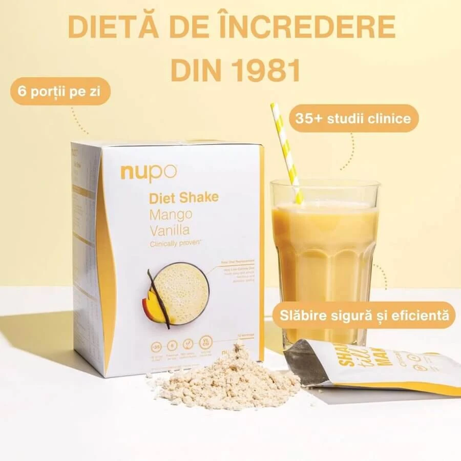 Diet Shake Mango and Vanilla Flavored Shake, 12 packets, Nupo