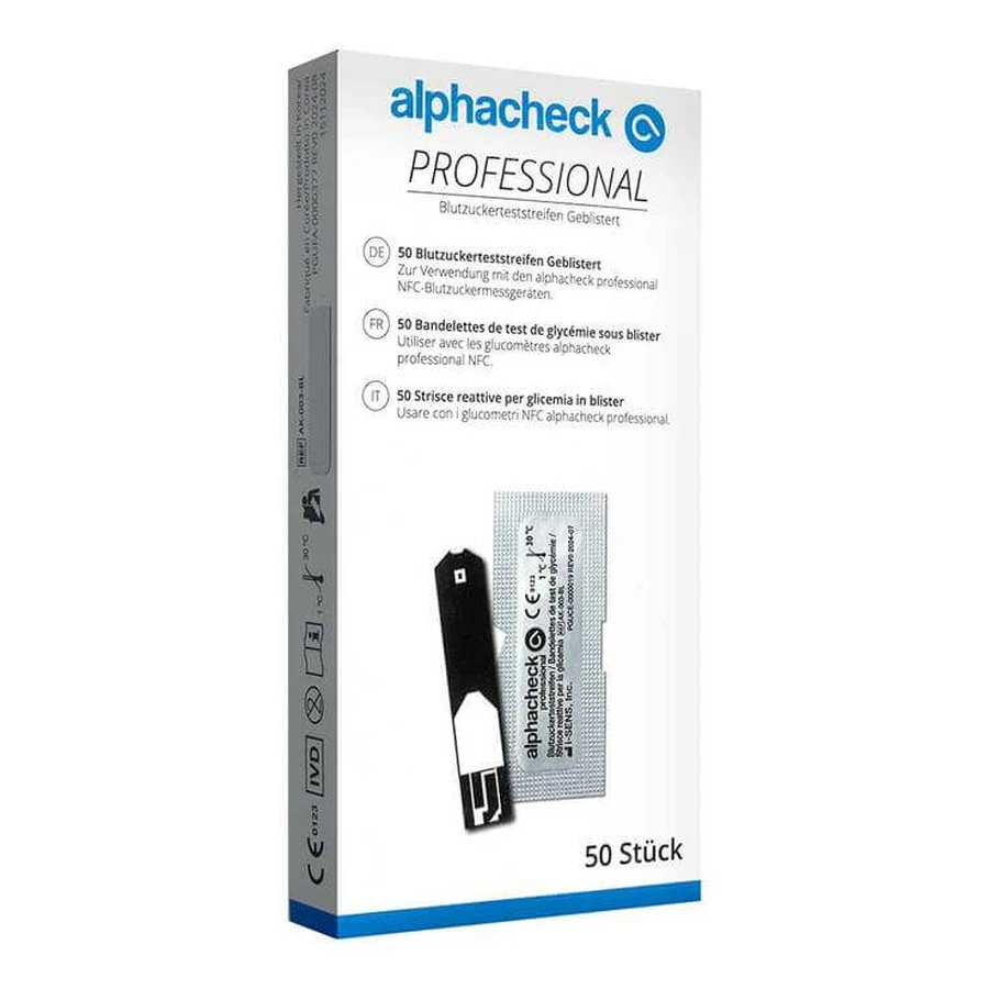 Alphacheck Professional bloedglucoseteststrips, blisterverpakking, 50 teststrips