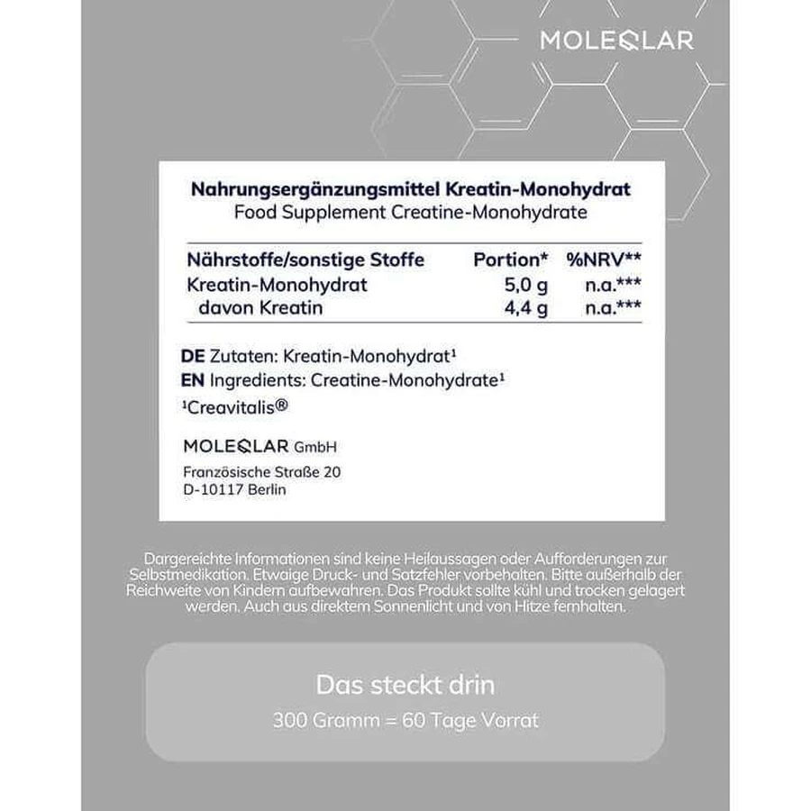 Moleqlar Creatina monohidrato en polvo, 300 g de polvo