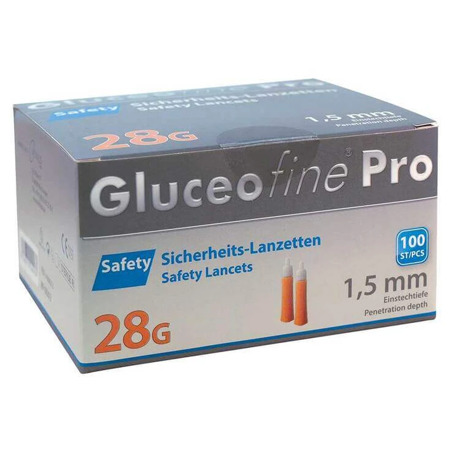 Gluceofine® Pro Safety Lancets, 28 G, 1.5 mm, 100 Lancets