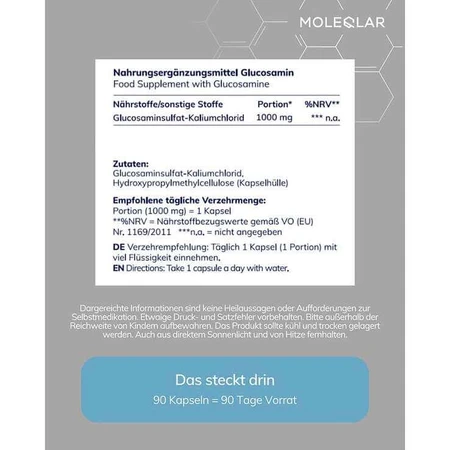 Moleqlar Glucosamine – Gélules de sulfate de D-glucosamine, 90 gélules