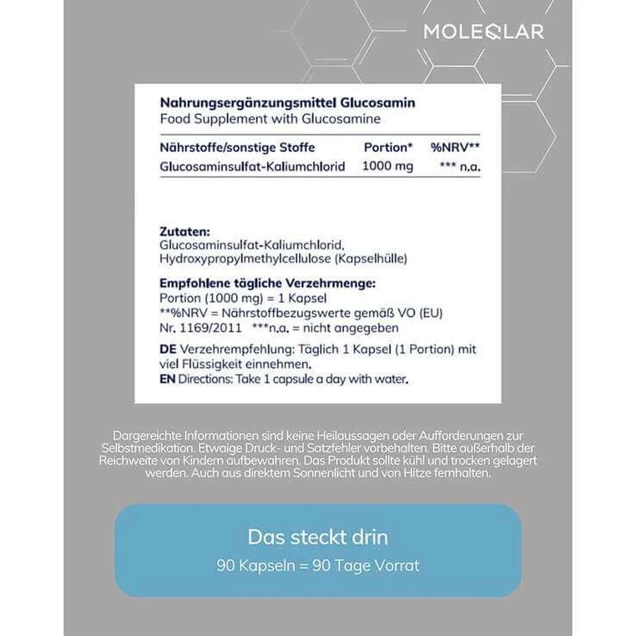 Moleqlar Glucosamine – Gélules de sulfate de D-glucosamine, 90 gélules