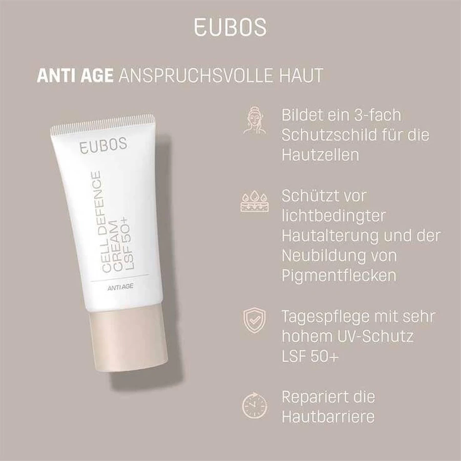 Crema antiedad Eubos Anti-Age Cell Defense con SPF 50+, 50 ml. Crema de día