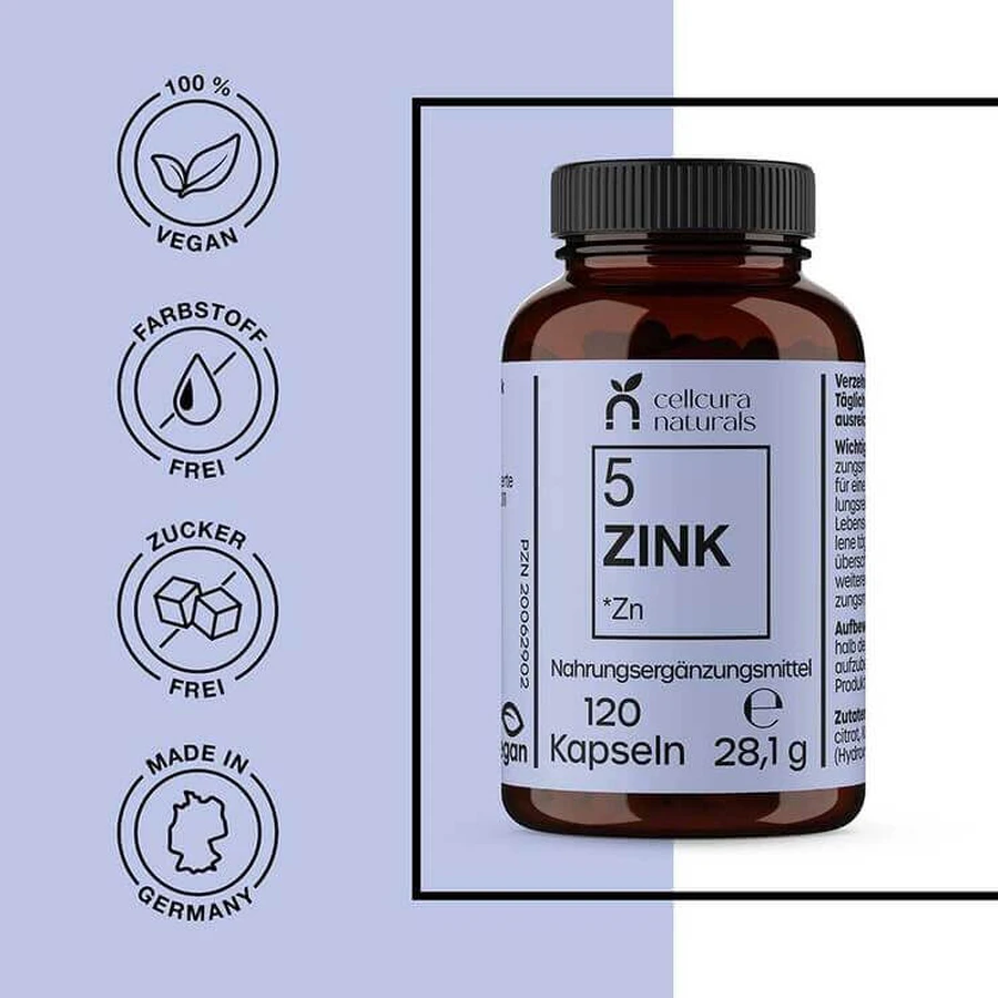 Cellcura Naturals Zinc 25 mg, gélules végétaliennes à forte dose, 120 gélules