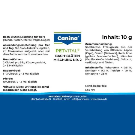 Petvital Remèdes floraux de Bach n° 2 en granules (pour animaux), 10 g de granules