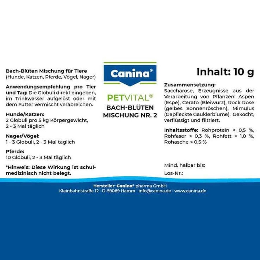 Petvital Remèdes floraux de Bach n° 2 en granules (pour animaux), 10 g de granules
