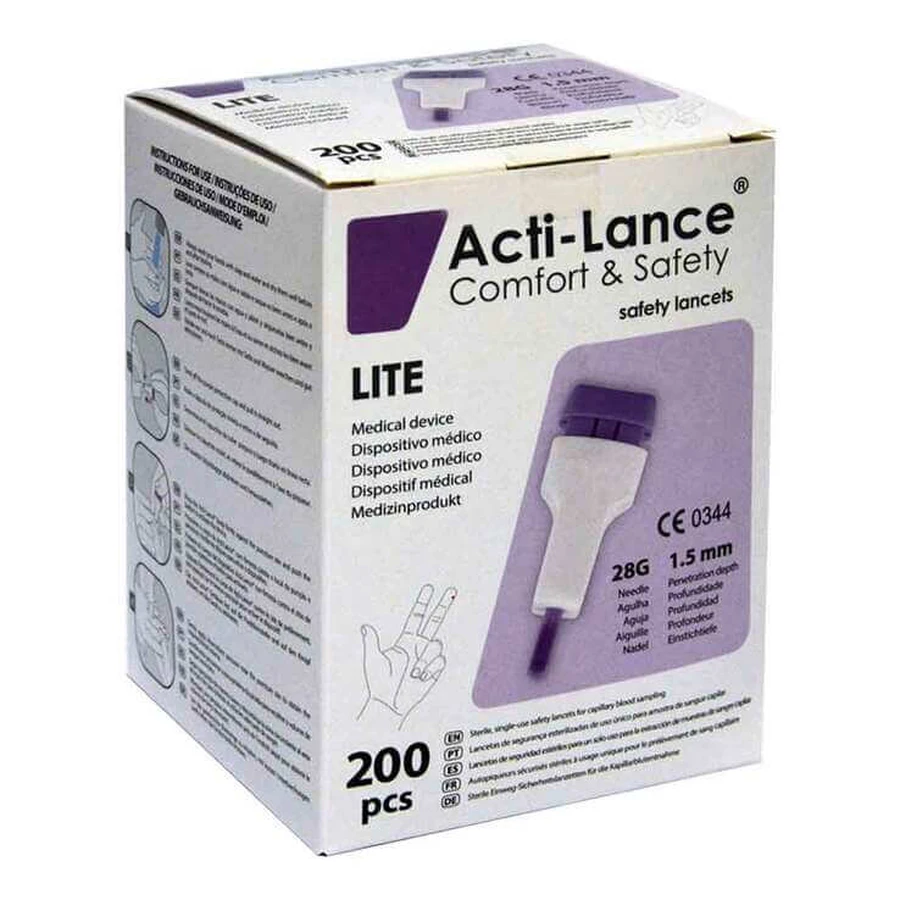 Acti-Lance Lite 28 G veiligheidslancetten, 200 lancetten