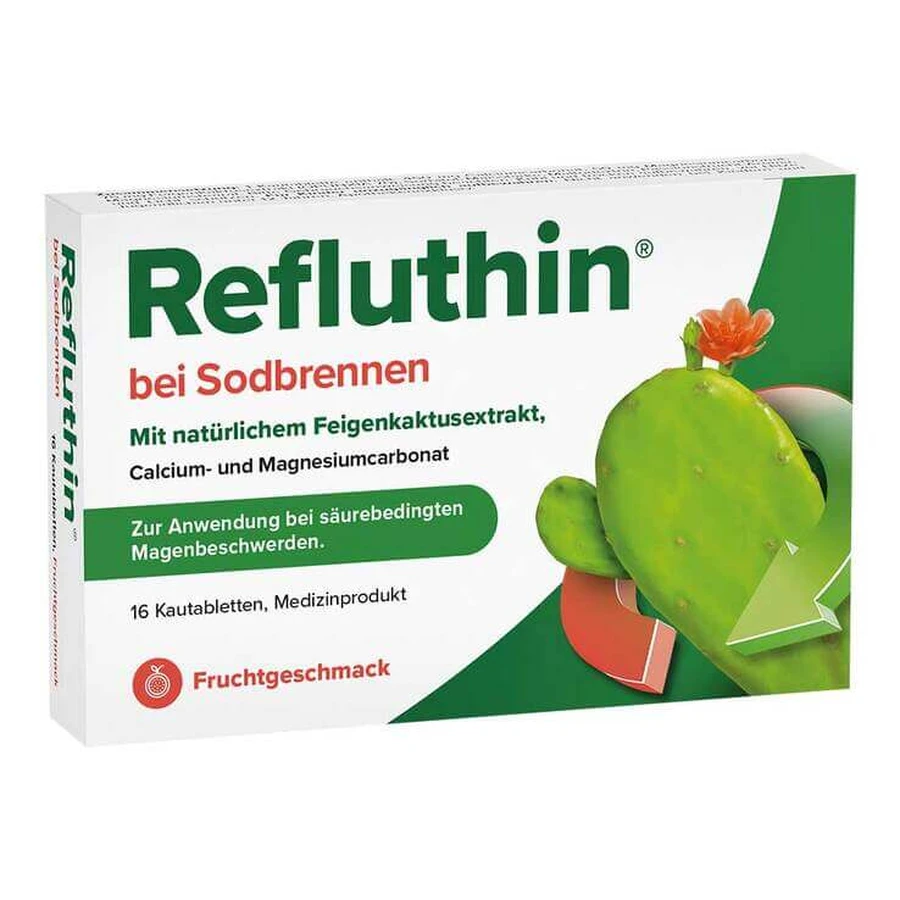 Refluthin para la acidez estomacal, comprimidos masticables con sabor a fruta, 16 comprimidos masticables