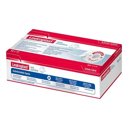Leukoplast® Skin Sensitive 2,5 cm x 2,6 m zonder beschermring, verpakking van 12 pleisters