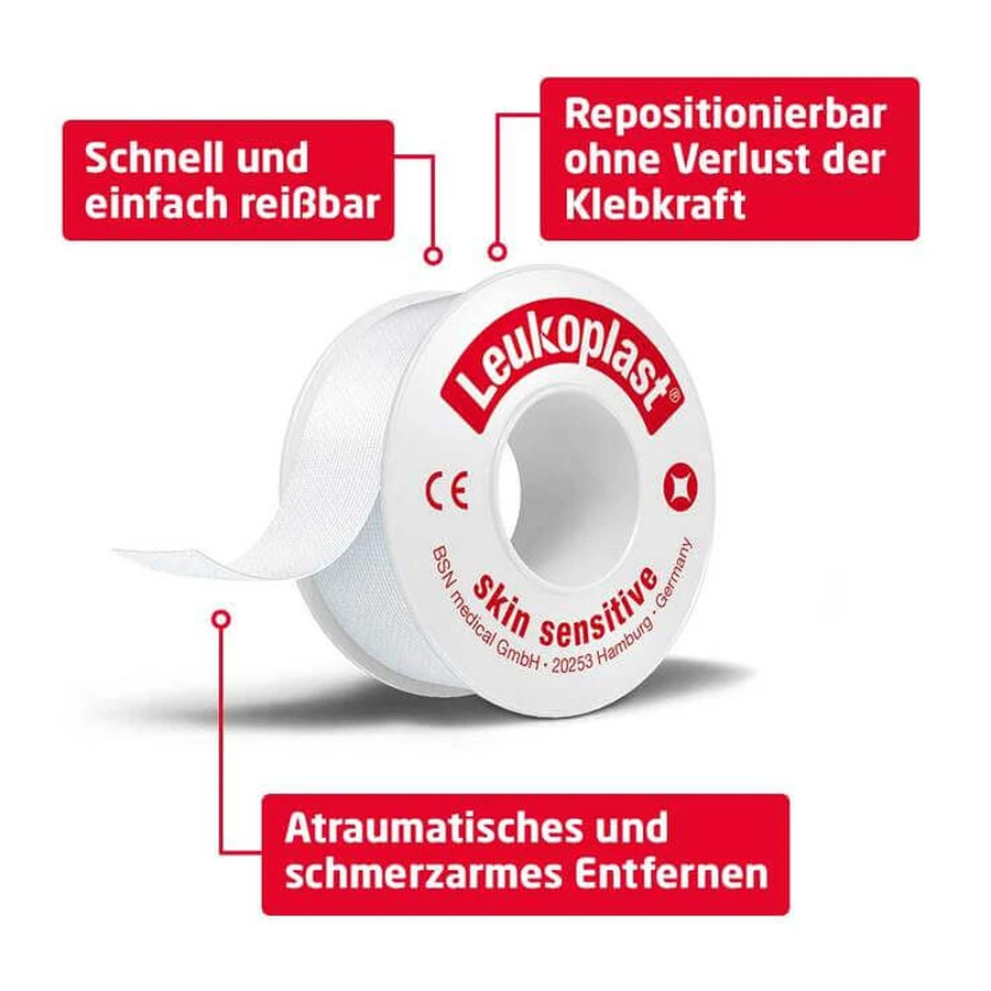 Leukoplast® Skin Sensitive 2,5 cm x 2,6 m zonder beschermring, verpakking van 12 pleisters