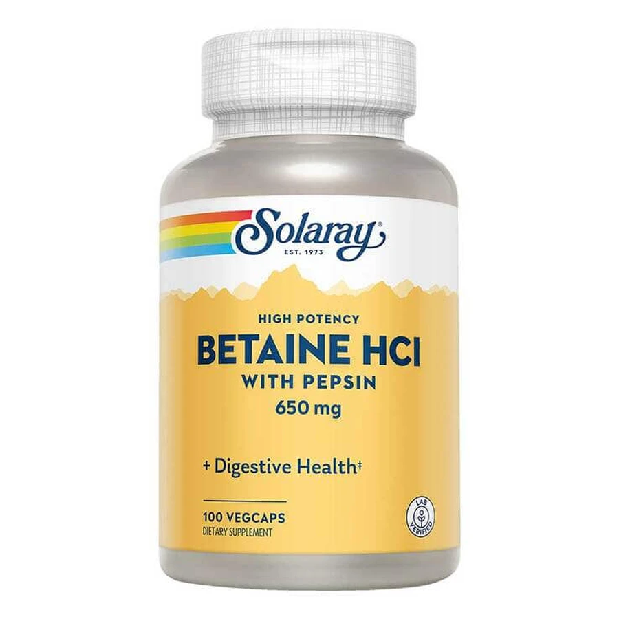 Betaine HCl 650 mg + Pepsin I Capsules, 100 capsules