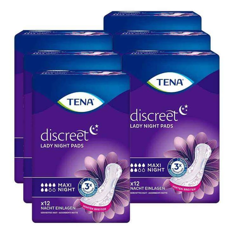 TENA® discreet Maxi Night Pads for Incontinence, 6 x 12 pcs.