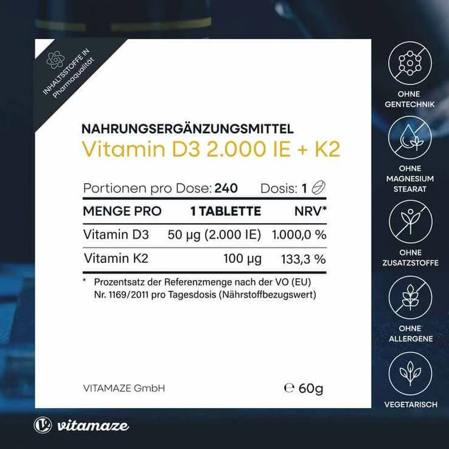 Vitamin D3 K2 2000 IU / 100 µg High-Potency Tablets, 240 Tablets