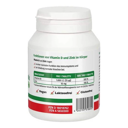 Comprimidos de vitamina D3 1.000 UI + zinc 10 mg, 100 comprimidos