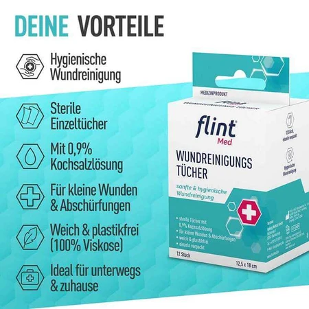 Lingettes stériles pour le nettoyage des plaies Flint Med, 12,5 x 18 cm, 20 lingettes