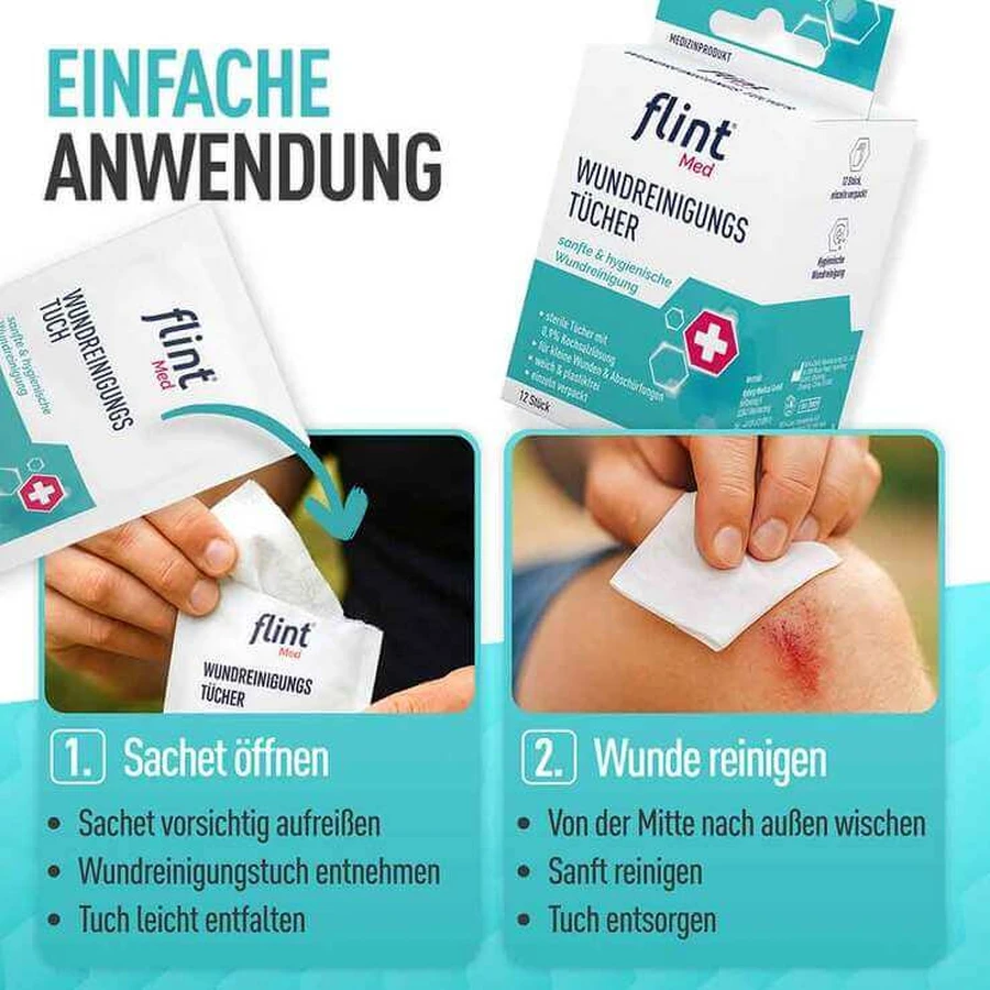 Lingettes stériles pour le nettoyage des plaies Flint Med, 12,5 x 18 cm, 20 lingettes