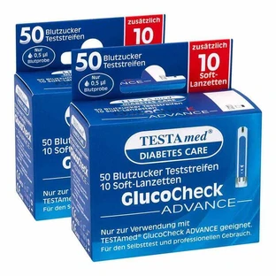 TESTAmed® GlucoCheck ADVANCE-teststrips met 10 zachte lancetten, combipakket met 2 x 1-pak