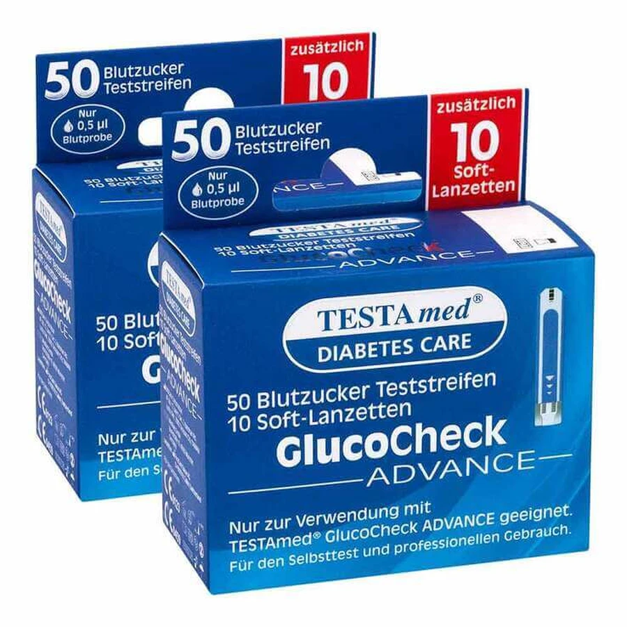 TESTAmed® GlucoCheck ADVANCE-teststrips met 10 zachte lancetten, combipakket met 2 x 1-pak