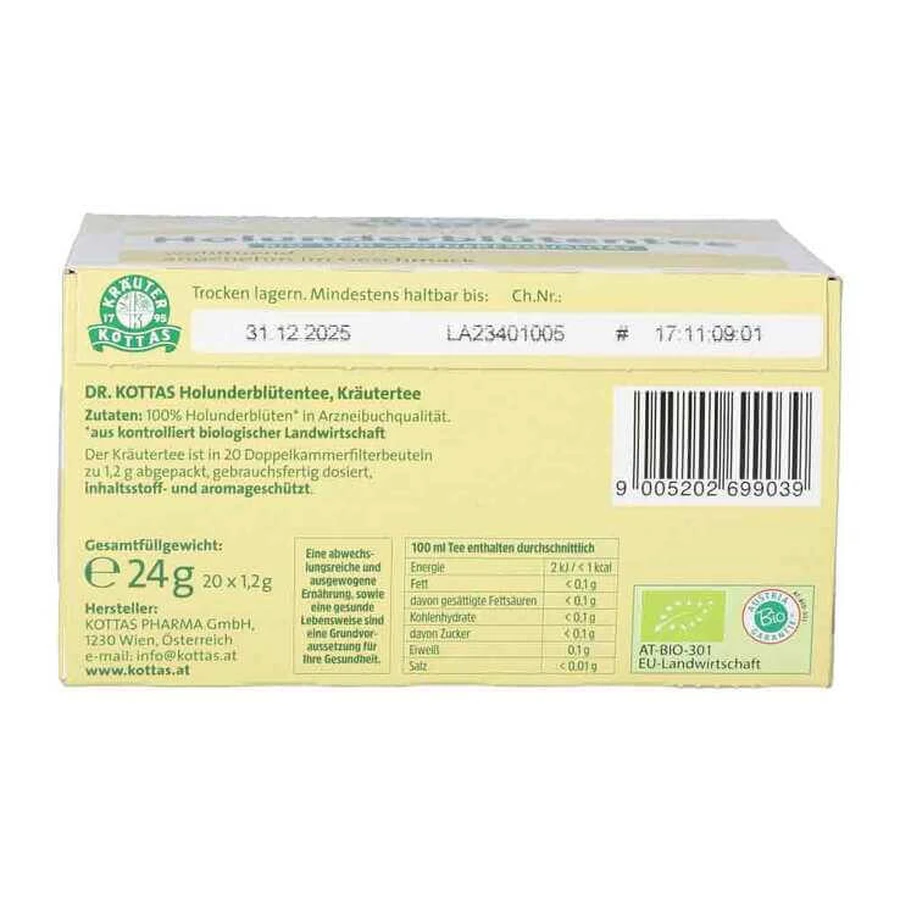 Ceai din flori de soc Dr. Kottas în pliculețe filtrante, 20 de pliculețe filtrante