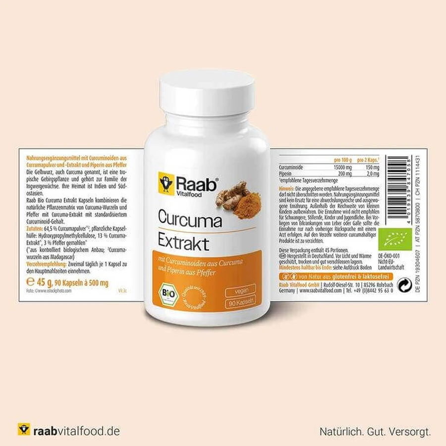 Gélules d'extrait de curcuma bio Raab Vitalfood, 90 gélules